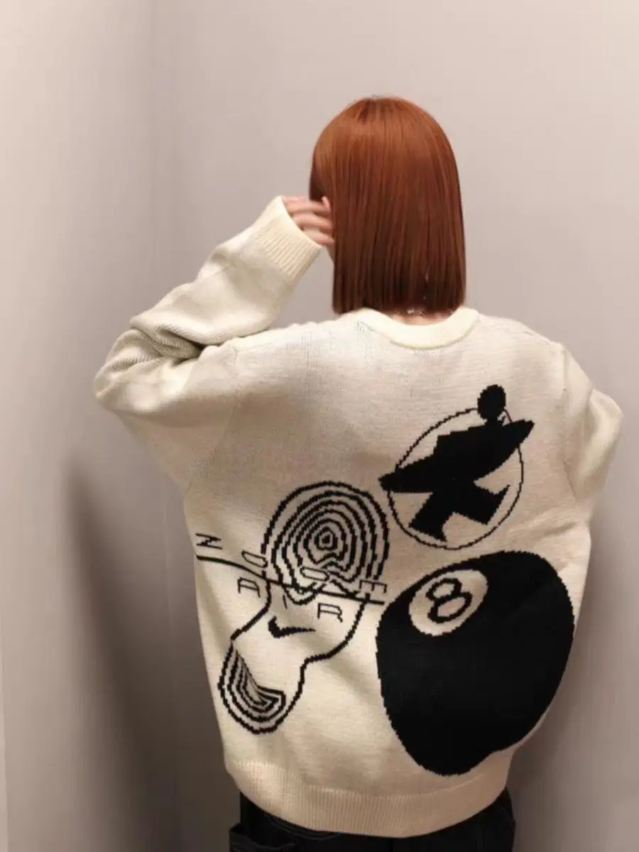 2024 American Winter Men White Sweaters Vintage Graphic Hip Hop Knitted Long Sleeve Pullover Casual Oversized Hipster Streetwear