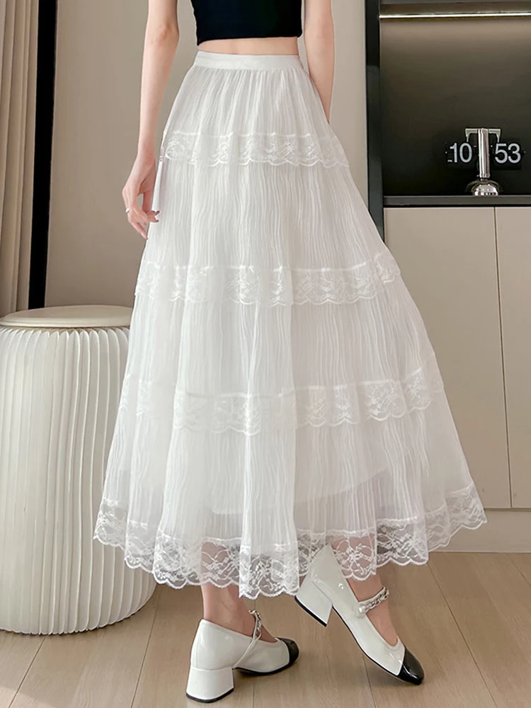 Jmprs Lace Patchwork Chic Long Skirt Women Sweet High Waist Fashion Loose Skirts Korean Casual Summer All Match Long Skirts New