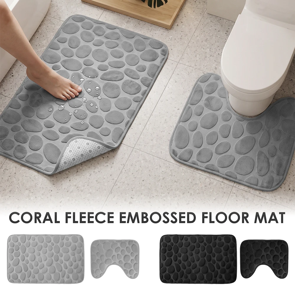 2Pcs/Set Bathroom Floor Mat with U Shaped Toilet Mat 3D Pebble Like Design Washroom Floor Mat Anti Slip Shower Carpet Home Decor