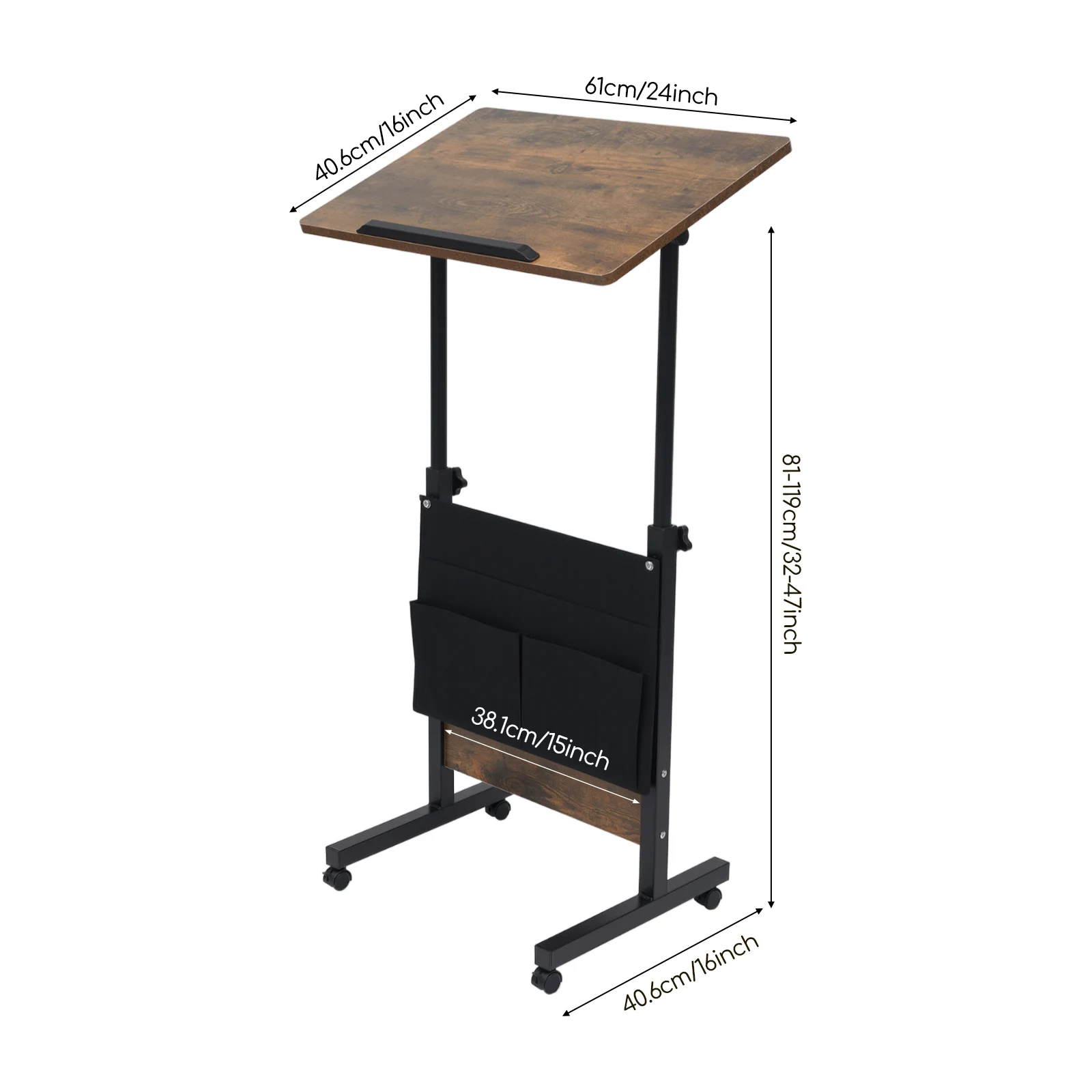 Adjustable Height Standing Desk 32-47in Height 90° Tilt MDF Desktop 22lbs Load Rolling Laptop Workstation Anti-collision Rounded Edge Book Stopper Mobile Computer Podium For Office Study Bedroom