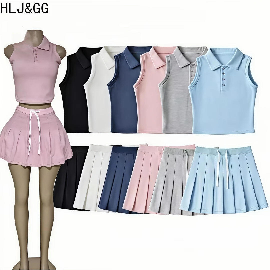 

HLJ&GG Fashion Cute Candy Color Knitting Two Piece Sets Women Polo Collar Sleeveless Tank Top + Mini Pleated Skirts Outfits 2025