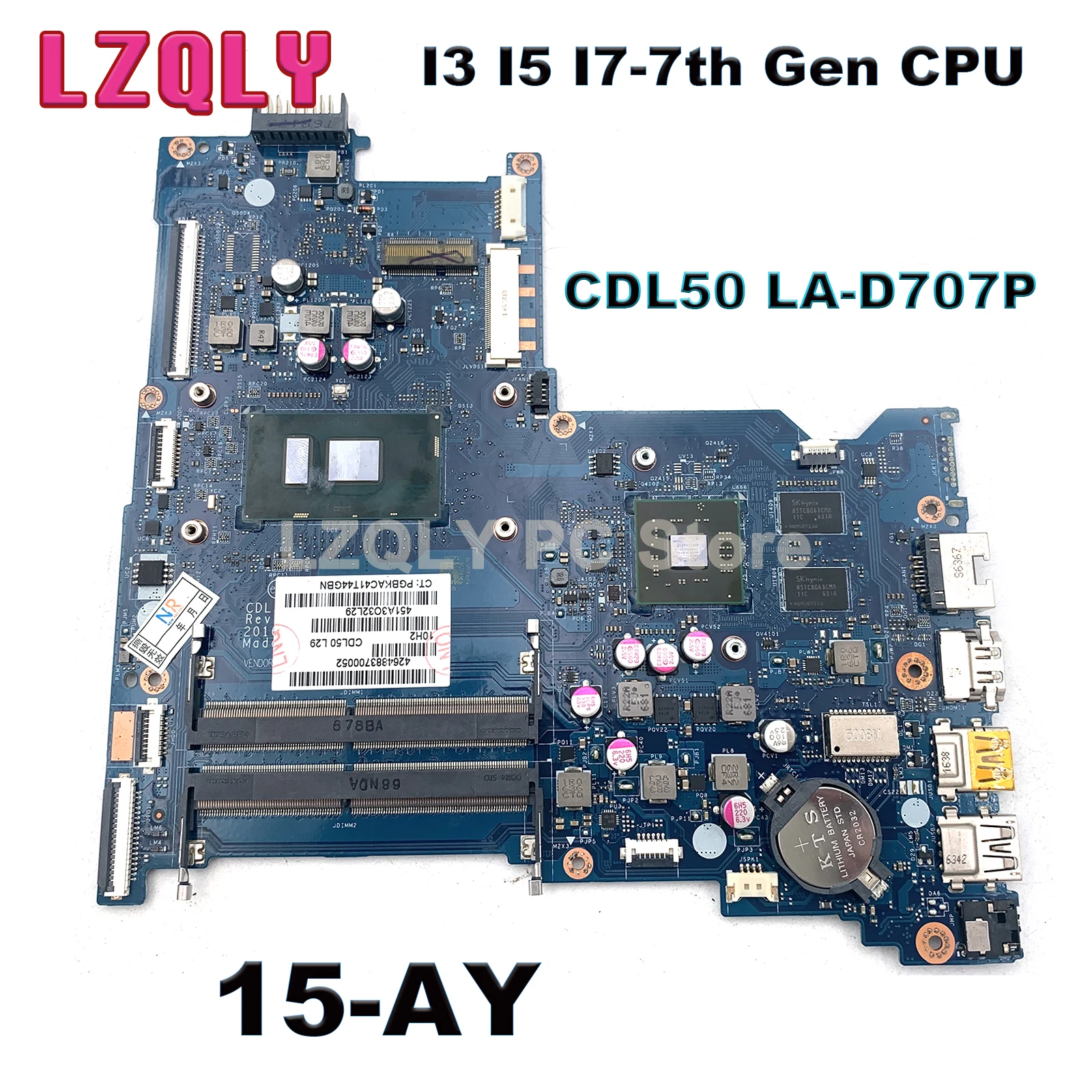 For HP 15-AY Series Laptop Motherboard CDL50 LA-D707P With I3 I5 I7-7th Gen CPU GPU: 2GB DDR4 Main Board Full Test