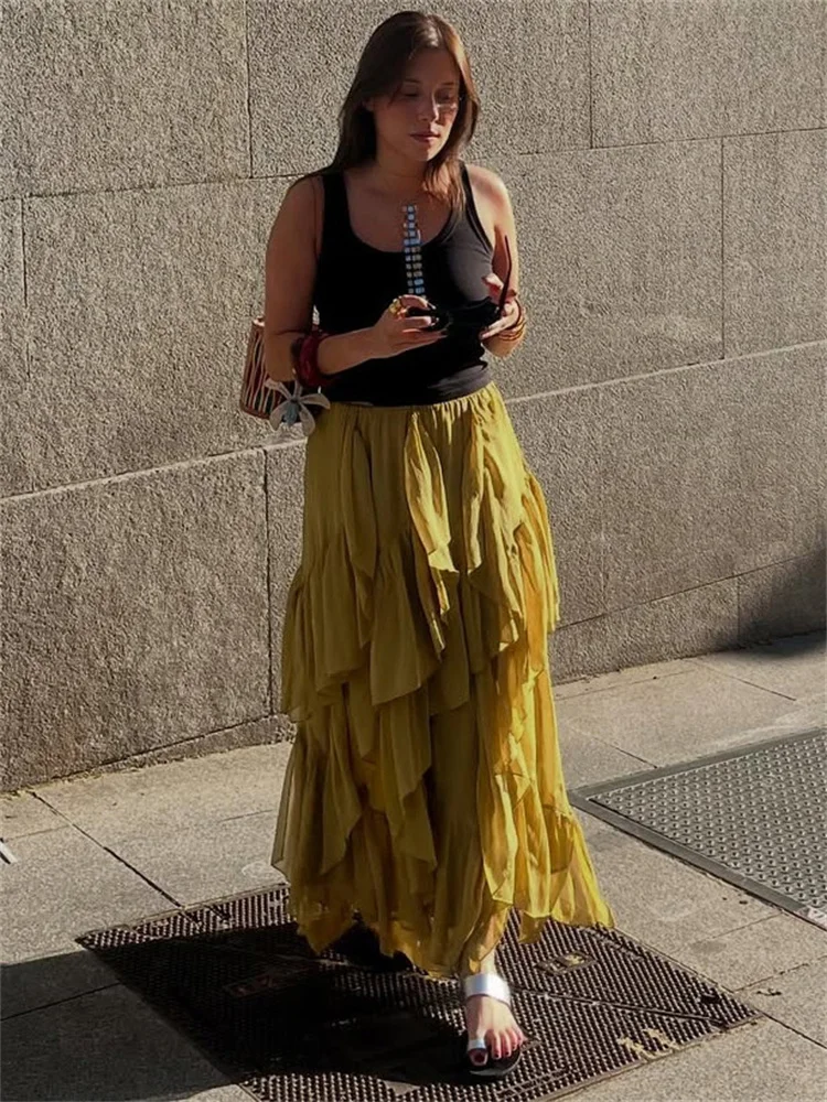 Autumn Ruffled Tassel Long Skirt Women's High Waist Patchwork Slim Commute Solid Casual Streetwear Female Sexy Maxi Skirt