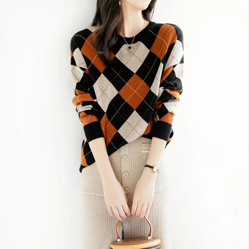 Korean New Fashion Argyle Panelled Sweaters Long Sleeve O-Neck Spring Autumn Loose Pullovers Vintage Casual Women Knit Sweater