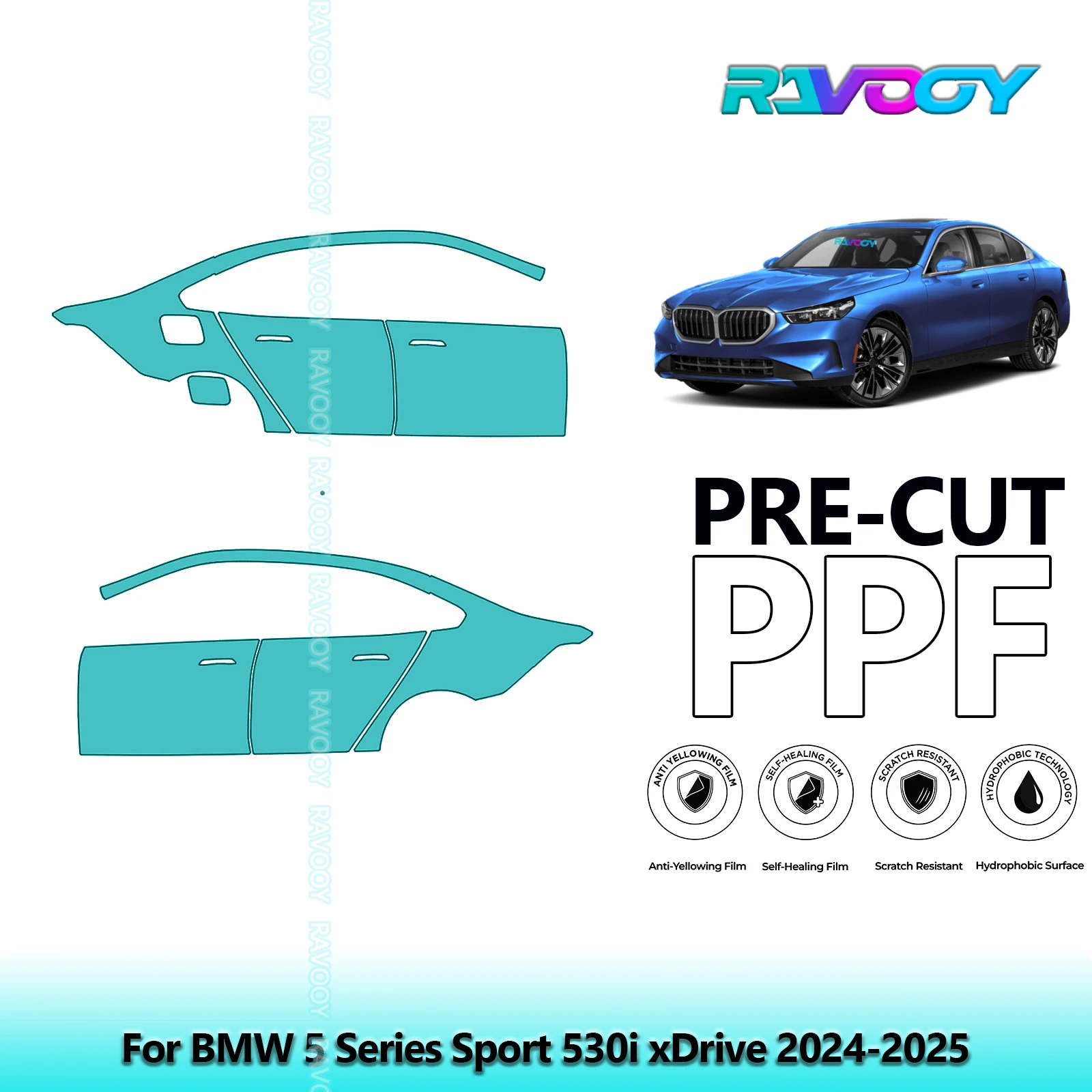 

For BMW 5 Series Sport 530i xDrive 2024-2025 8.5mil Clear Matte Pre-Cut PPF Door & A/B Pillar Kit TPU Paint Protection Film Set