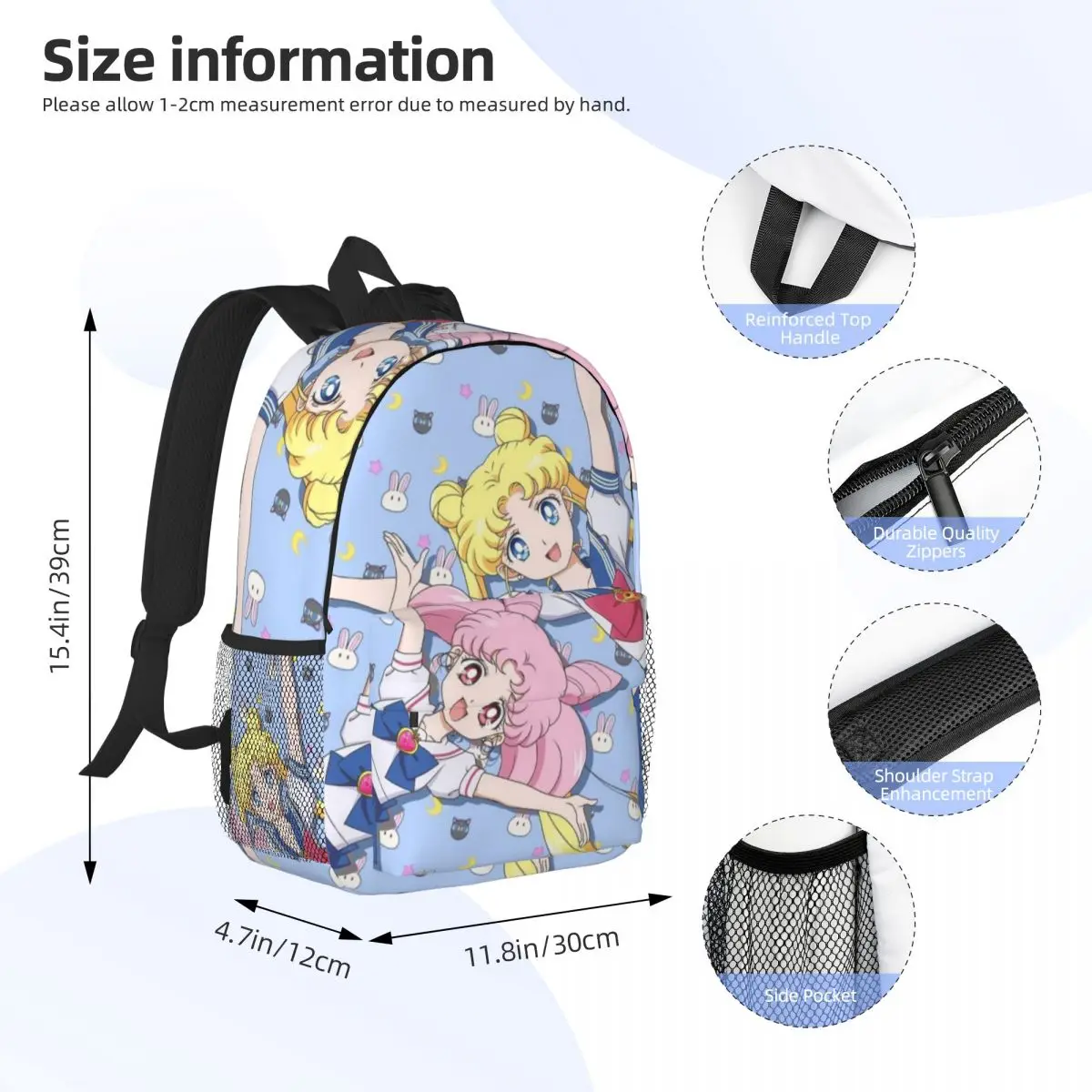 Cartable léger imprimé Sailor-Moon, sac d'école décontracté, extérieur, shopping, bureau, 15 po