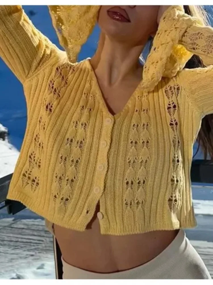 Sexy Hollow Out Cardigan Sweater Women 2025 New Summer Fashion See-Through Cropped Tops Chic V-Neck Long Sleeve Knitwear Female