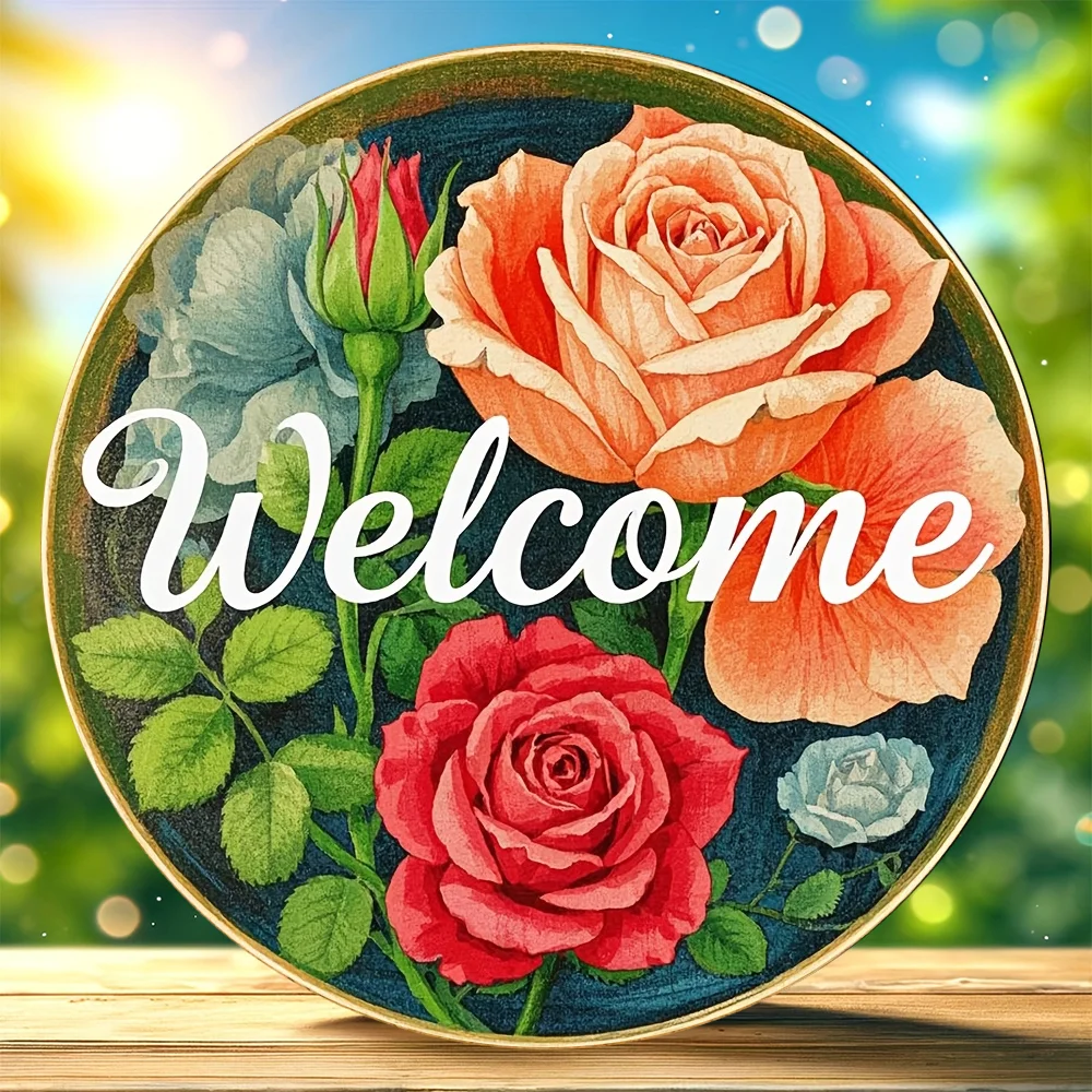 1 x Charming Wooden Welcome Sign Wall Hanging Decoration, 8x 8 Round Floral Wooden Plate with Rose, Farmhouse Home Entrance Deco