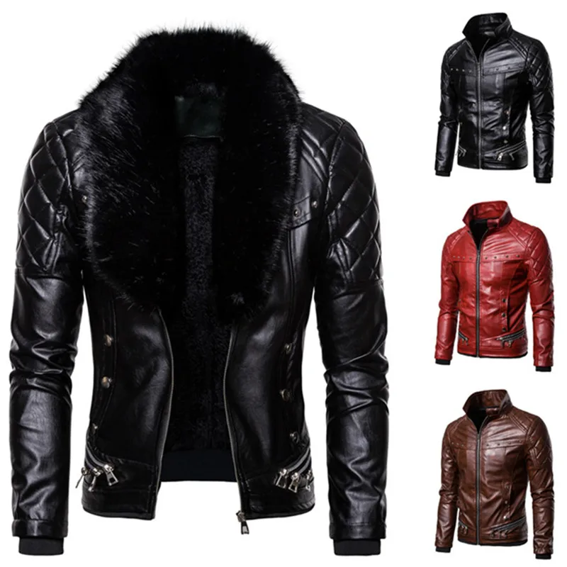 

2023 Leather Jacket Men Motorcycle Wool Leather Jacket Men Autumn Turn Down Fur Collar Removable Slim Fit Male Warm Pu Coats