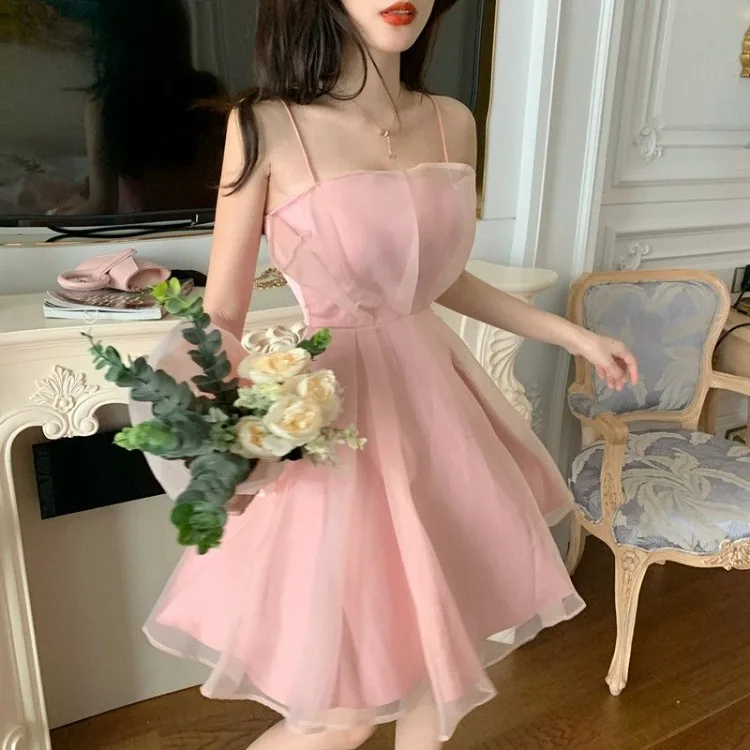 Korejepo French Super Fairy Dresses Bubble Gauze Dress 2024 Sexy Suspender A Word Short Waist Gentle Princess Style Vestido