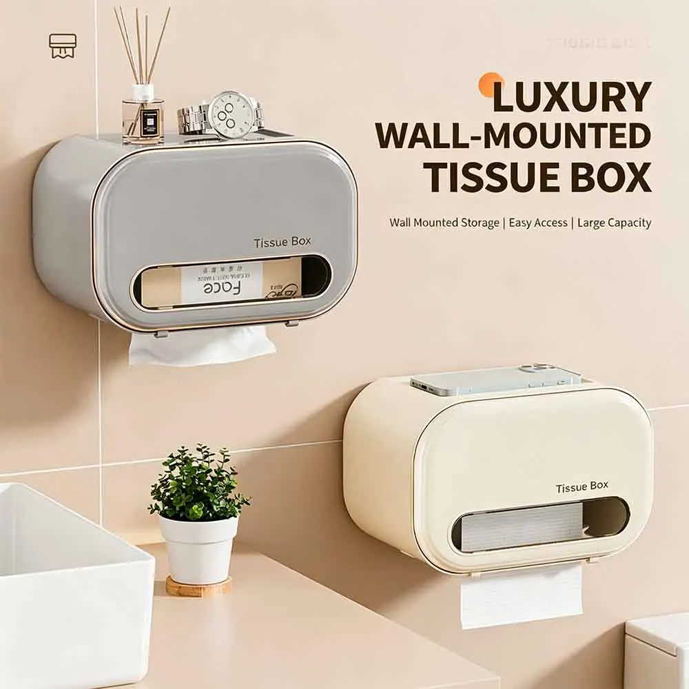 Wall Mounted Tissue Box No Drill Bathroom Waterproof Paper Towel Holder Multifunctional Toilet Roll Garbage Storage Organizer