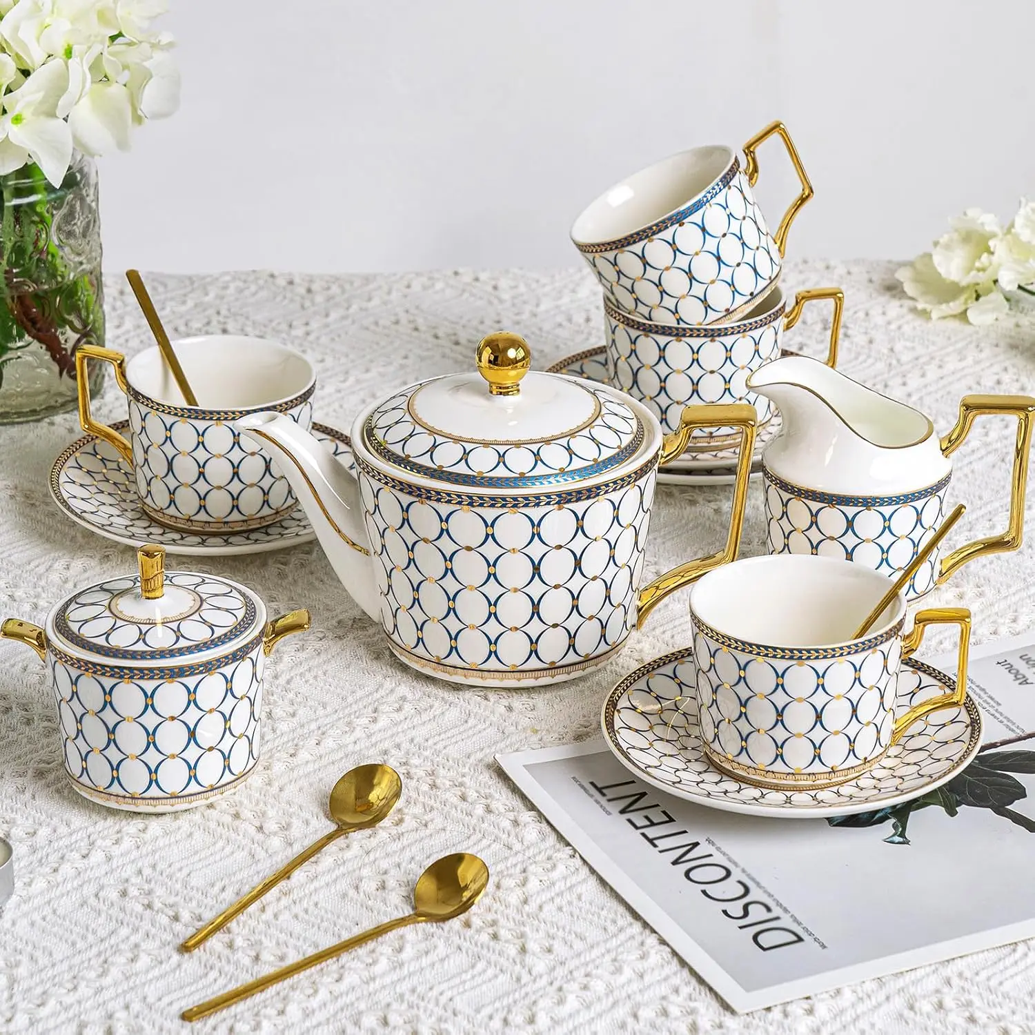 China Tea Cup Sets,15-Piece Porcelain Tea Cup and Saucer Set Service For 4 Whit 28 Ounces Teapot