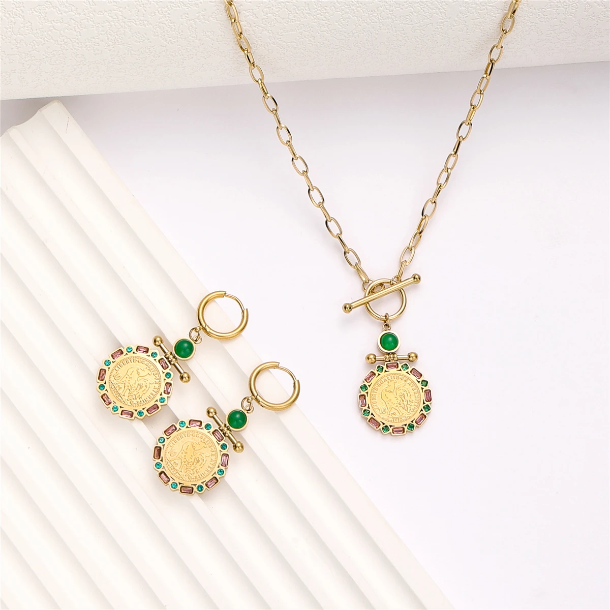 

Hot Selling Accessory Wedding Jewelry Set For Women Retro Circle Cock Coin Stainless Steel Necklace Earrings