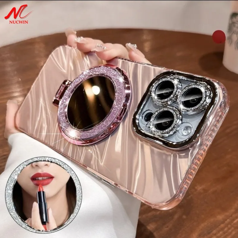 Luxury Mirror Magnetic Holder Phone Case For iPhone 11 12 13 14 Pro 15 Pro Max Plus Magsafe Water Ripple Shockroof Glitter Cover