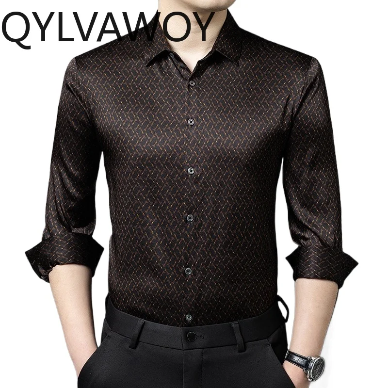 

QYLVAWOY 90.8%Real Mulberry Silk Men's Shirts Spring Autumn Thin Tops Long Sleeves Shirts Lapel Shirts for Men Business High-end