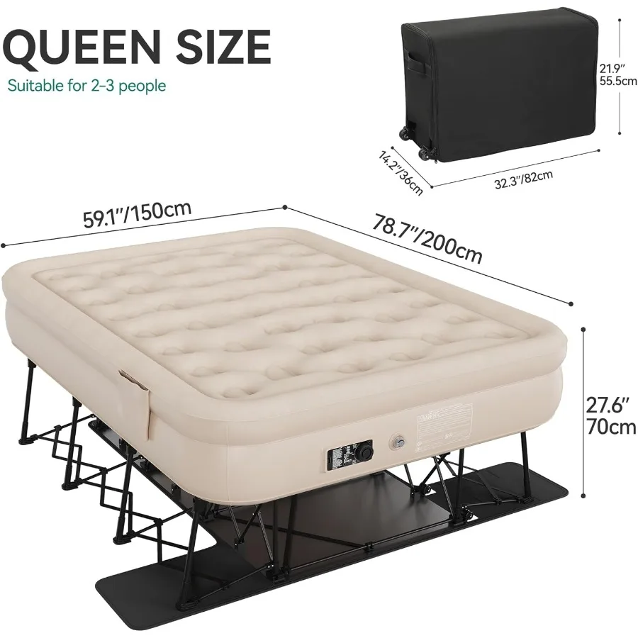 مرتبة هوائية بحجم كوين مع إطار متكامل وحقيبة دوارة محمولة تتميز بمضخة أوتوماتيكية مدمجة لسهولة الإعداد والسكو