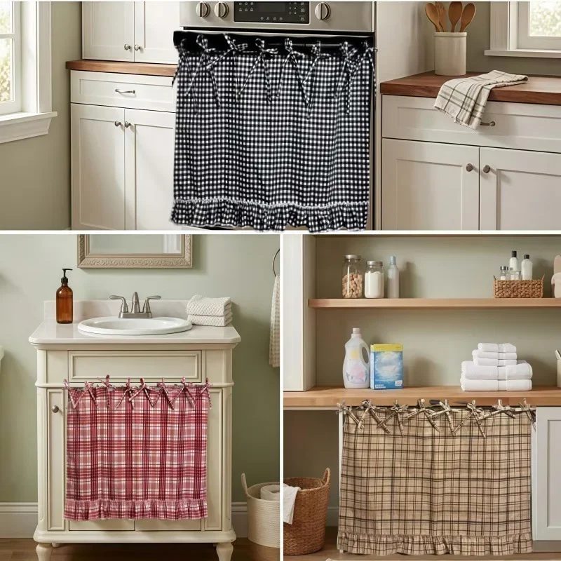 Handmade Heat Resistant Oven Curtain,Microwave oven cover skirt Ruffled Ribbon Tie Oven Curtain Decor For Kitchen Open Vanity