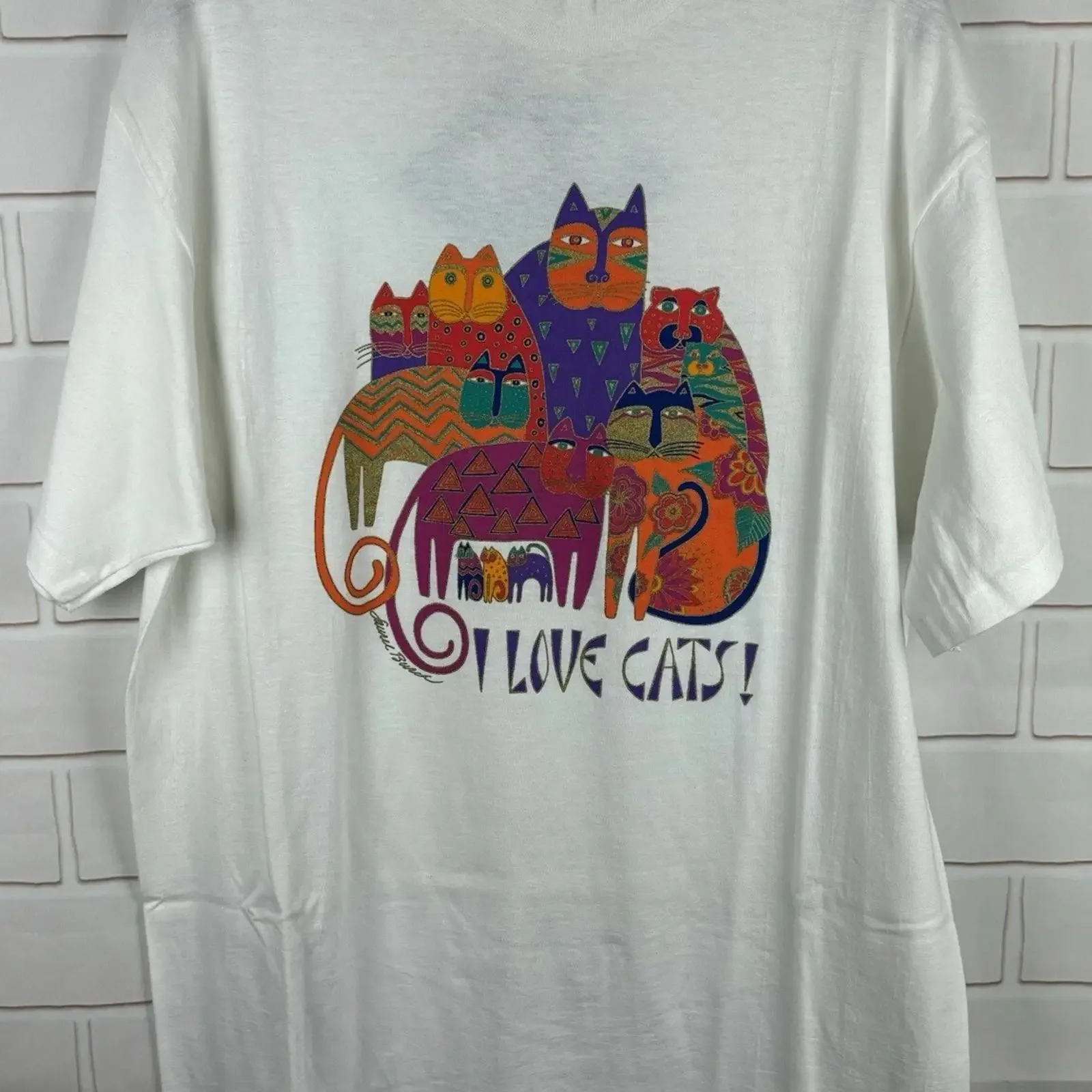 Винтажная футболка I Love Cats Laurel Burch, белая, универсальный размер, Art USA, винтажная, с эффектом потертости, стильная, мягкая, с графическим принтом, унисекс, повседневная.