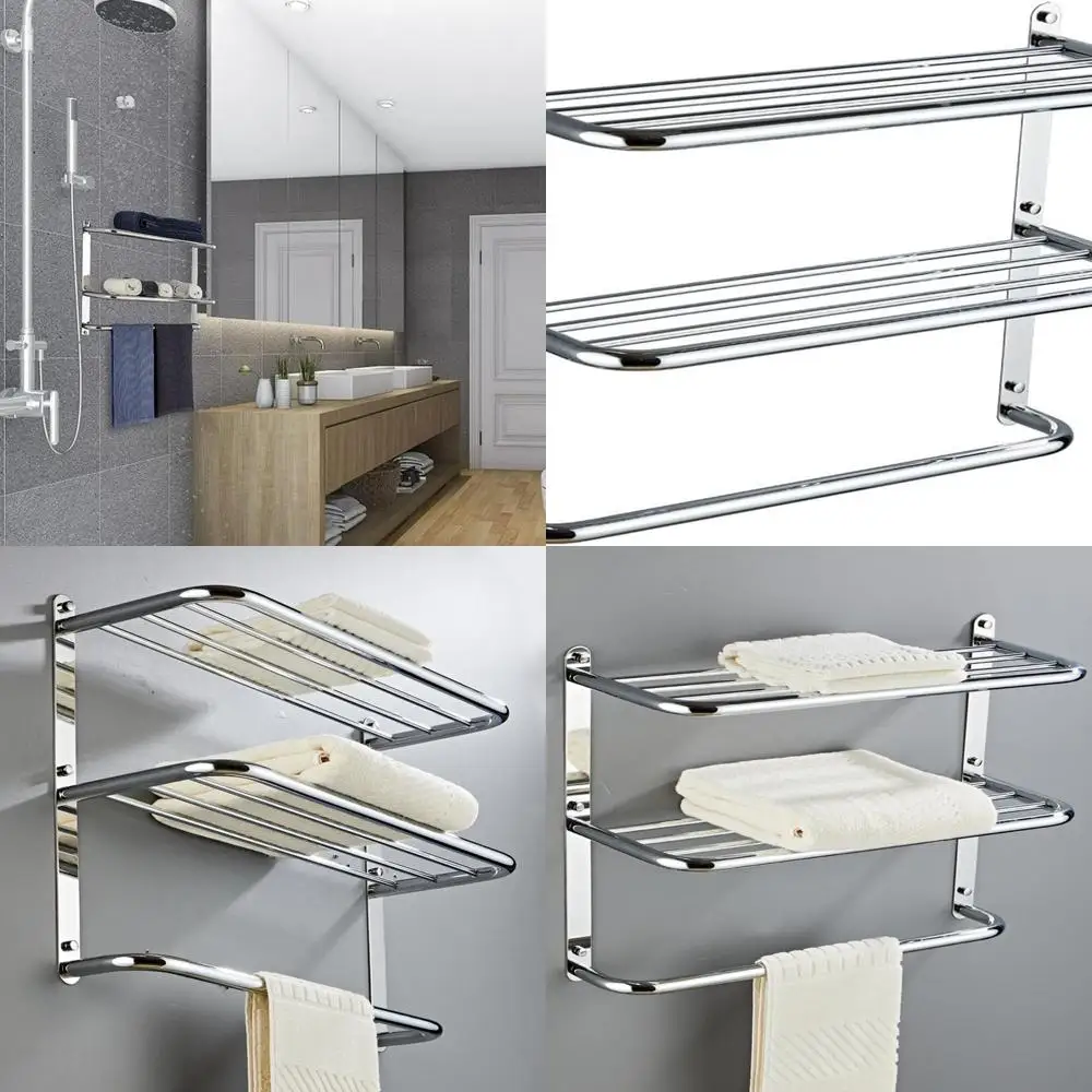 

30 Wall-Mounted 2-Tier Chrome Towel Rack with Shelf, 8.25 Deep