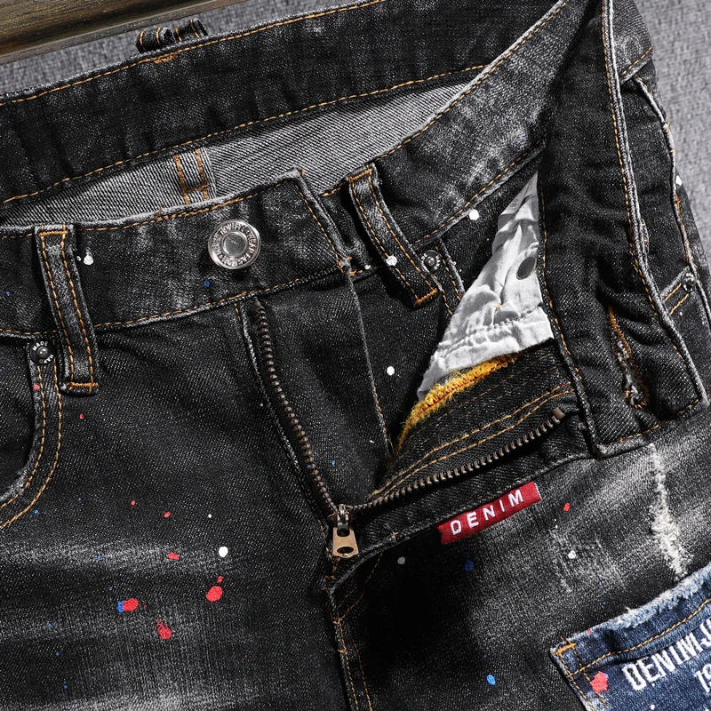 Street Fashion Men Jeans Retro Black Gray Stretch Slim Fit Printed Ripped Jeans Men Painted Designer Hip Hop Denim Pants Hombre
