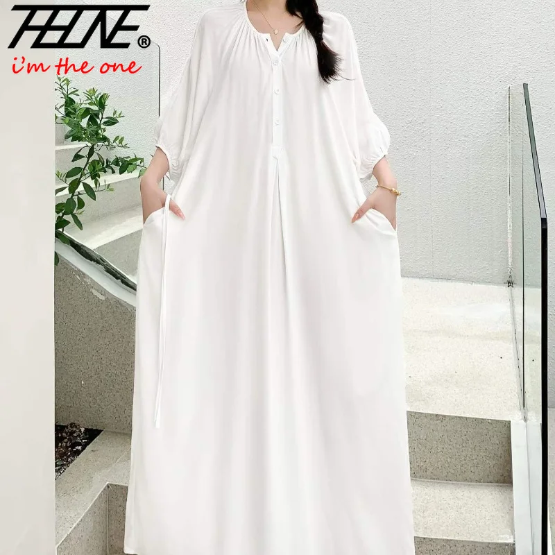 

THHONE Summer Plus Size Dress Robe Solid Long Casual Loose Vintage Vestidos Para Mujer Oversized Dresses Half Sleeve Belt Pocket
