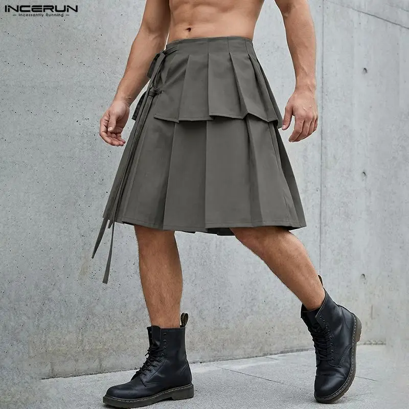 INCERUN Herrenröcke, plissiert, einfarbig, mit Schnürung, lässige Herren-Unterteile, Streetwear, Sommer, Persönlichkeit, 2026, modische Röcke für Herren