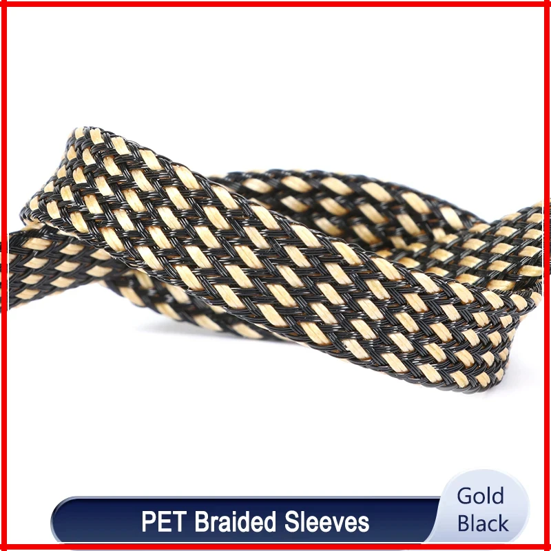 1~50m Gold-Black PET Braid Sleeve 2~40mm High Density Insulated Wire Protector Snake Skin Cable Wrap Sheath