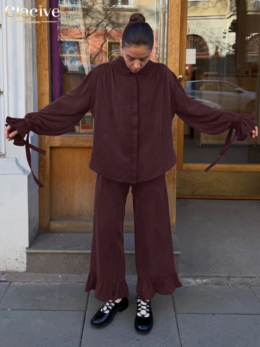 Clacive Fashion Loose Wine Red Women's 2-Piece Set 2027 Elegant Long Sleeve Shirt With High Waist Wide Pants Set Female Clothing