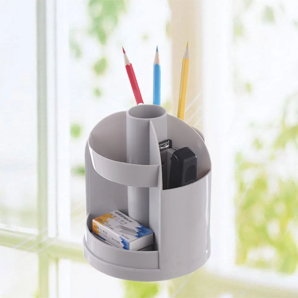Rotating Pen Holder Plastic Desktop Organizer for Pencils Pens Cosmetics Chopsticks Storage Grey Multi-Function Stationery