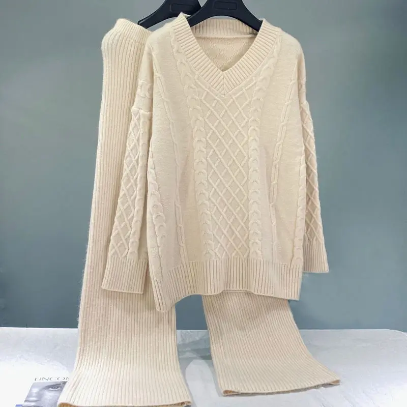 

Sweater set 2023 autumn and winter new versatile v neck rhombus knit sweater long sleeve lazy wind pullover sweater female