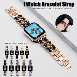 Luxury Metal Bracelet Leather Strap For Apple Watch Band 49mm 41mm 45mm 38mm 42mm 44mm 40mm Women For iWatch Ultra 8 7 SE 6 5 4