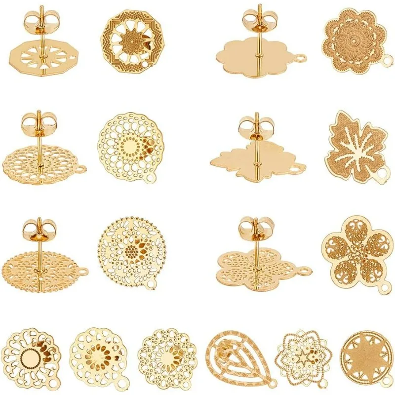 

24pcs 12 Styles Golden Stud Earring Findings Stainless Steel Ear Stud Component with Loop Butterfly Stoppers 0.7mm