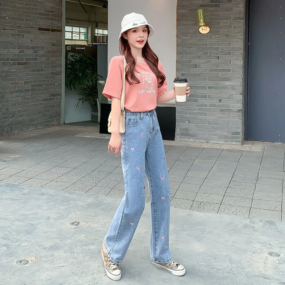 

Sweet Hearts Embroidery Jeans Women Wide Leg Denim Trousers Baggy Mopping All-match High Waist Chic Loose Streetwear Retro Cute