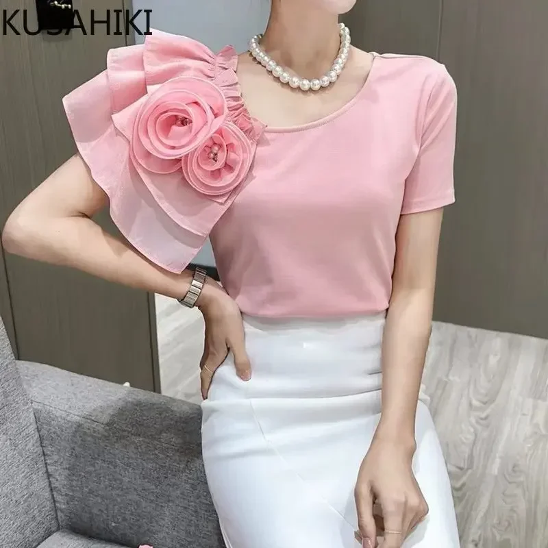 KUSAHIKI Short Sleeve Shirts for Women 2023 Summer 3D Flower Graphic T-Shirts Fashion Skew Collar Korean Style Y2k Top