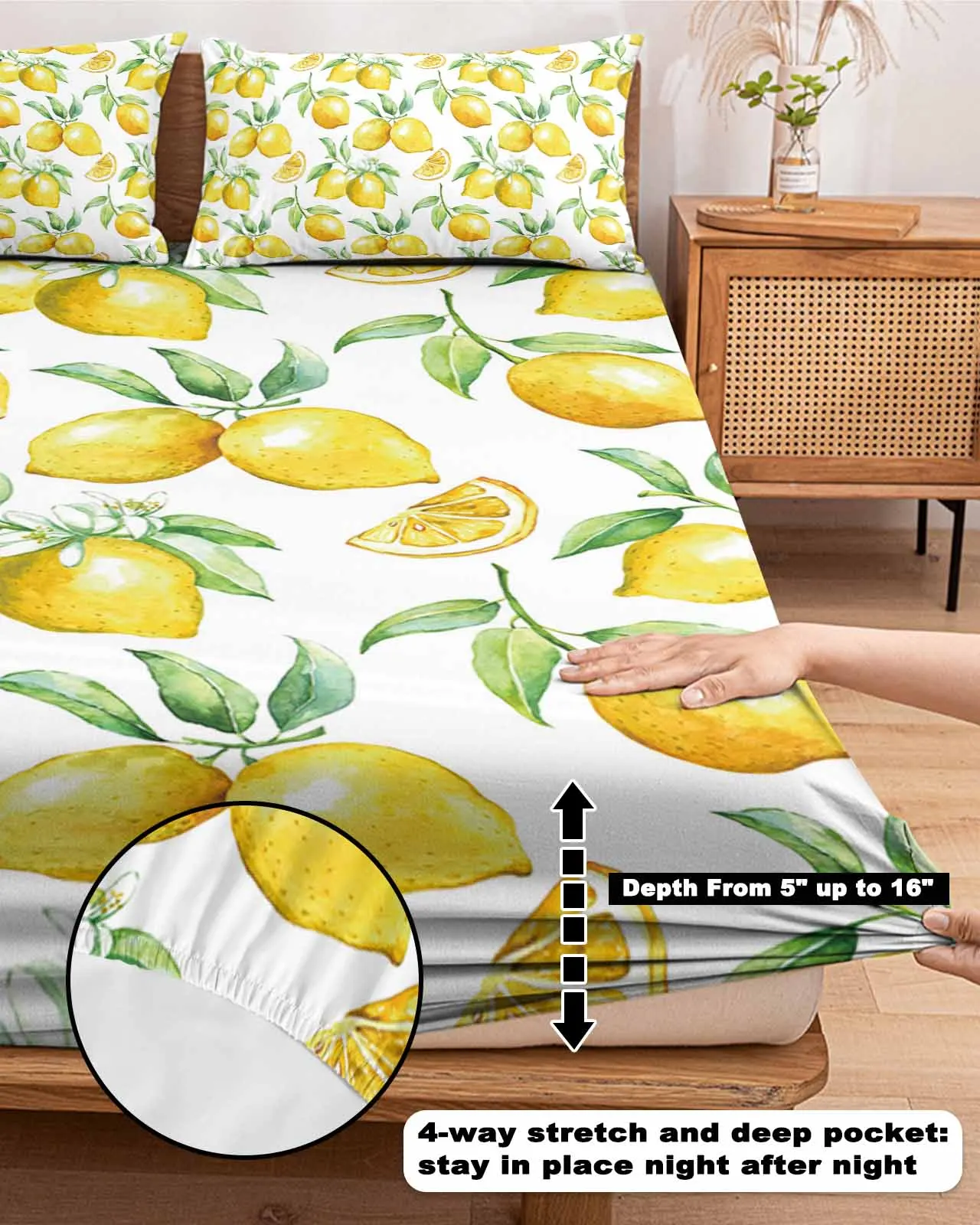 Watercolor Lemon Fruit Fitted Bed Sheet Cover Elastic Band Anti-slip Mattress Protector for Single Double King