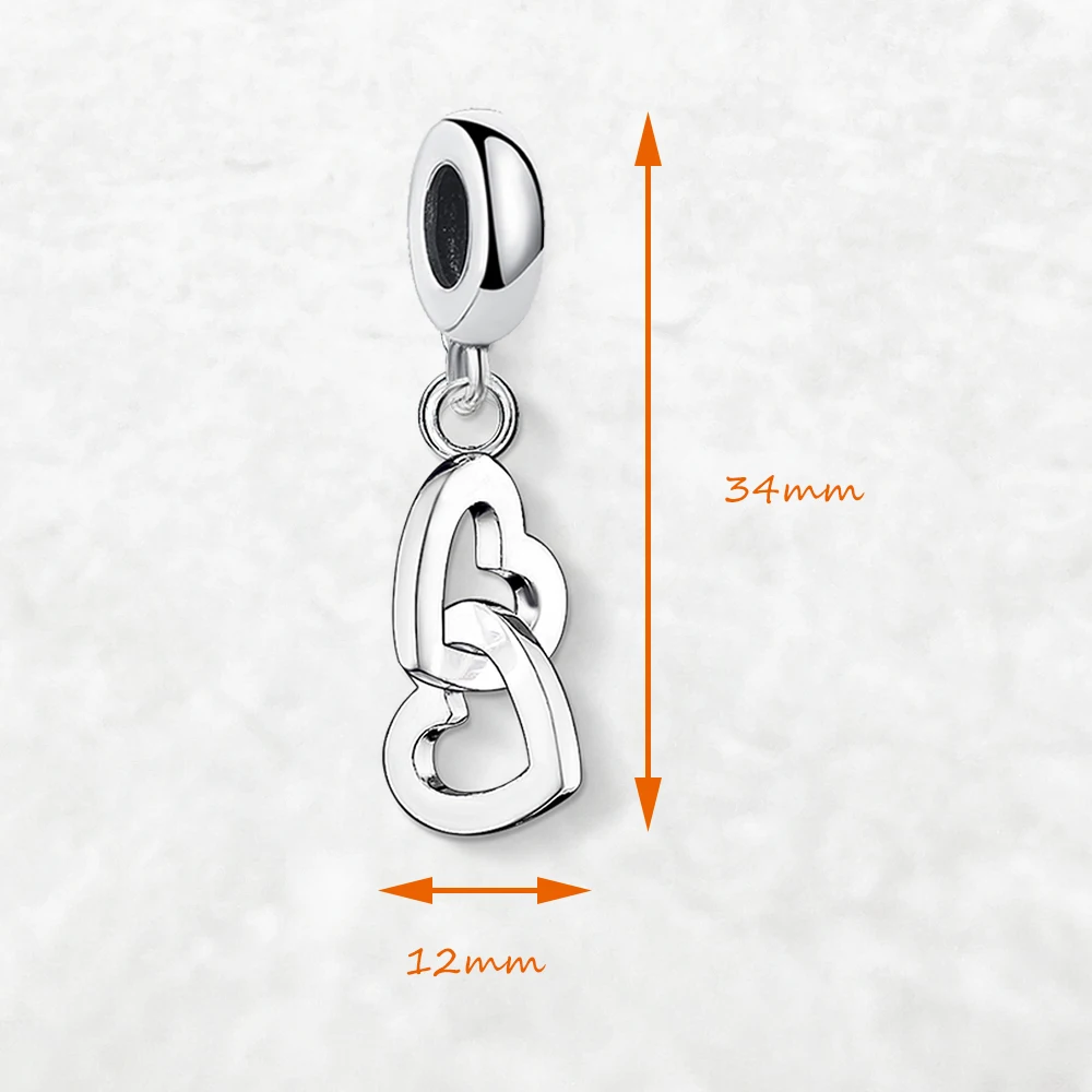 Anhänger mit zwei ineinander verschlungenen Herzen, baumelnder Charm, reines 925er-Sterlingsilber, romantisches Geschenk für Frauen – Detail 2