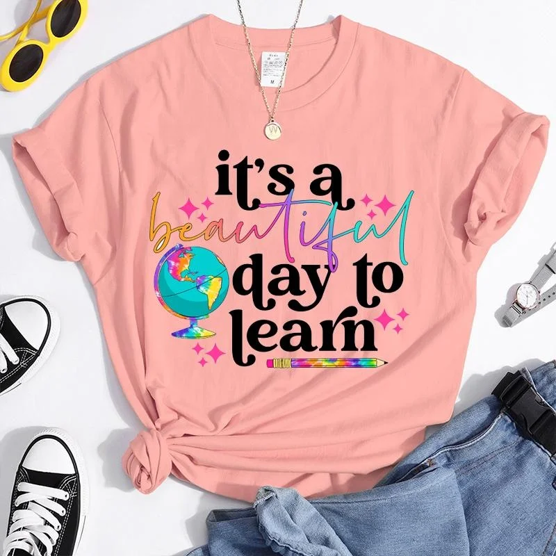 It\'s a Beautiful Day to Learn T-Shirts Summer Casual Round Neck Comfy Short Sleeve Shirt Teacher Appreciation Week Tees