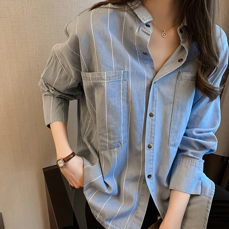 

Women's Striped Shirt Spring Autumn Vintage Hong Kong Style Design Sense Denim Jacket Korean Version Collar Button up