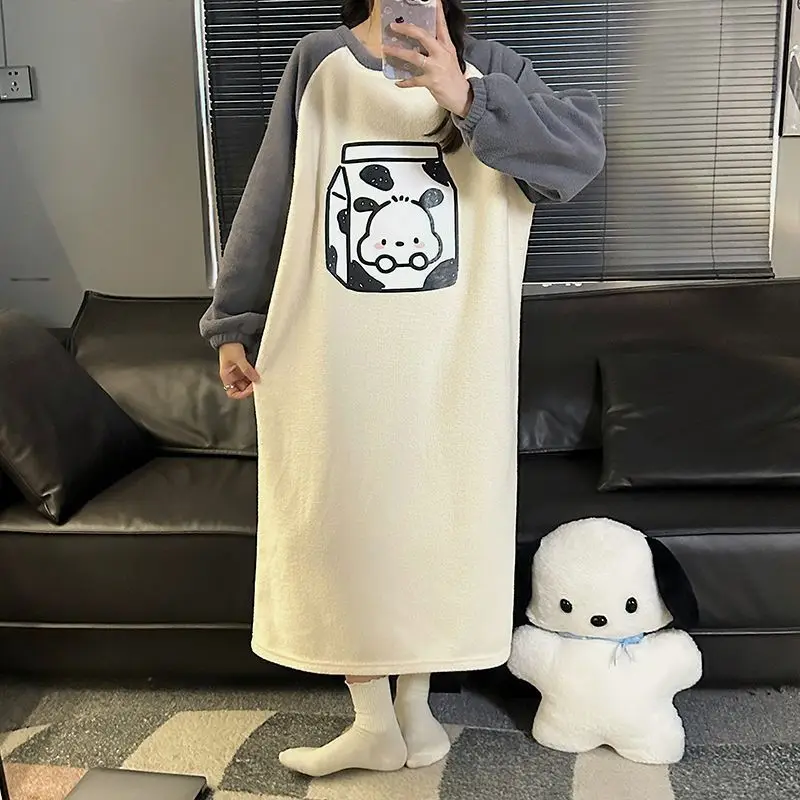 

Sanrio Hello Kitty Women's Sleeping Skirt Kawaii Cartoon Winter Warm Sleepwear Long Sleeve Nightwear Casual Nightdress Home Suit