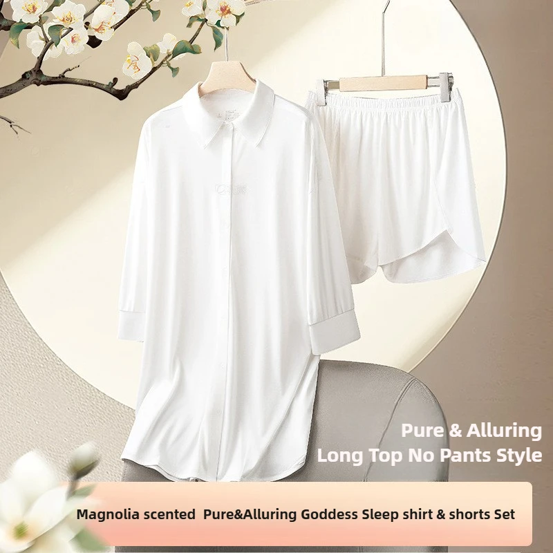 

New Women's Magnolia Scented Loungewear Set Elegant Shirt Style Pajamas Long Top No Pants Style Sleepwear Can Be Worn Outside