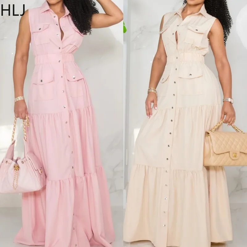 

HLJ Casual Single Breasted Bodycon Long Dress Women Sleeveless Pocket Patchwork Dresses Female Streetwear Vestidos Summer New