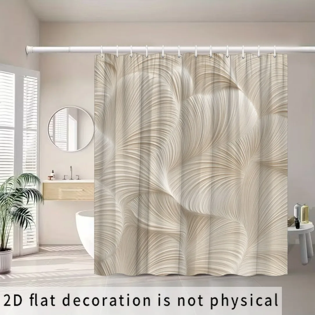 2D Flat, 2D Flat Shower Curtain 1pc, Modern Wave Texture Shower Curtain, Soft Beige Textured Shower Curtain with 12 Hooks, Washa