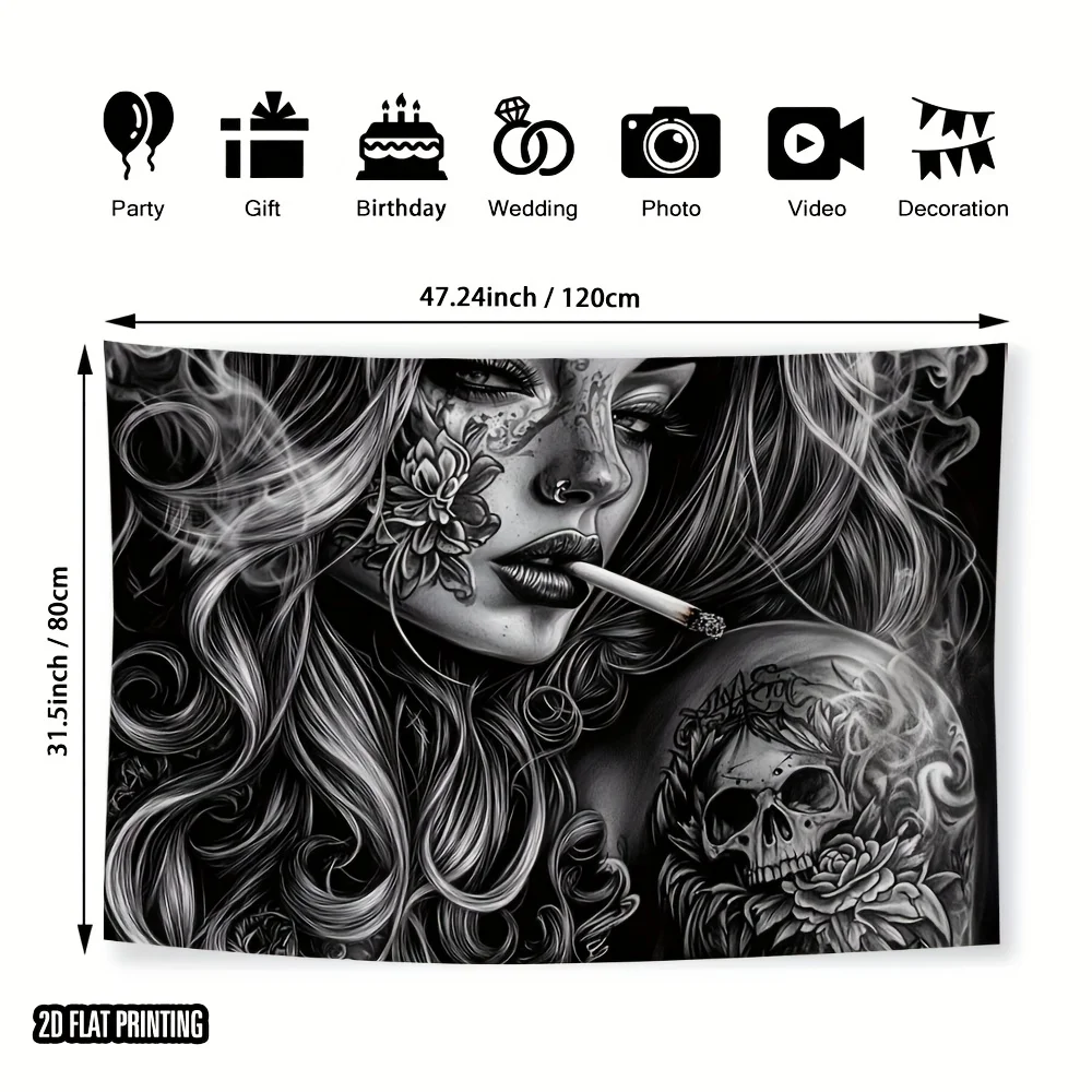 1pc Chicano Art Girl Smoking Skull Rose Black White Tattoo 2D Flat Tapestry Backdrop For Living Room Decor Edgy Wall Hanging