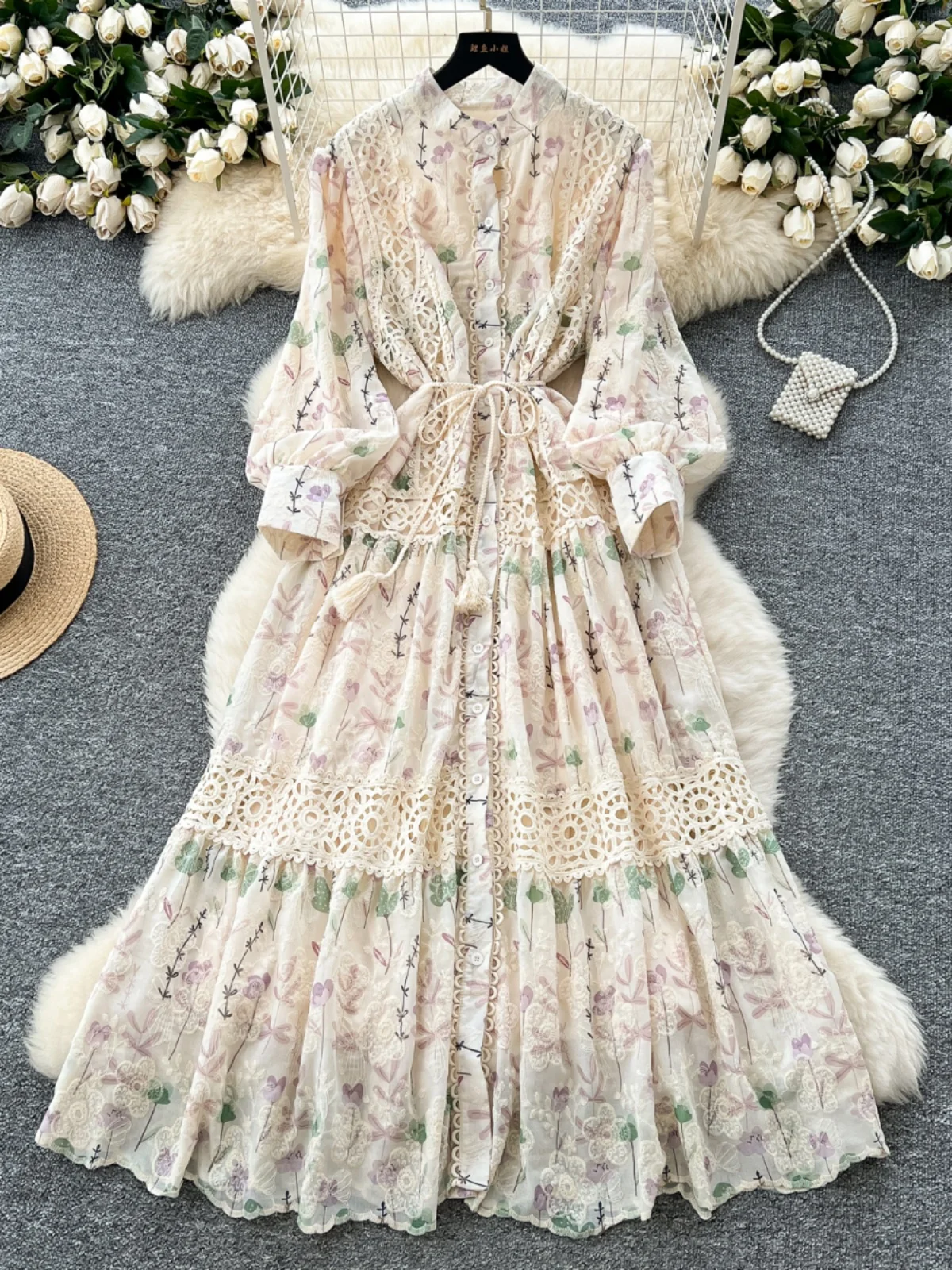 Französisch Stil Gedruckt Gestickte Fee Kleid High-end-Spitze Patchwork Taille Cinching Kleider Elegante Temperament Kleid Neue