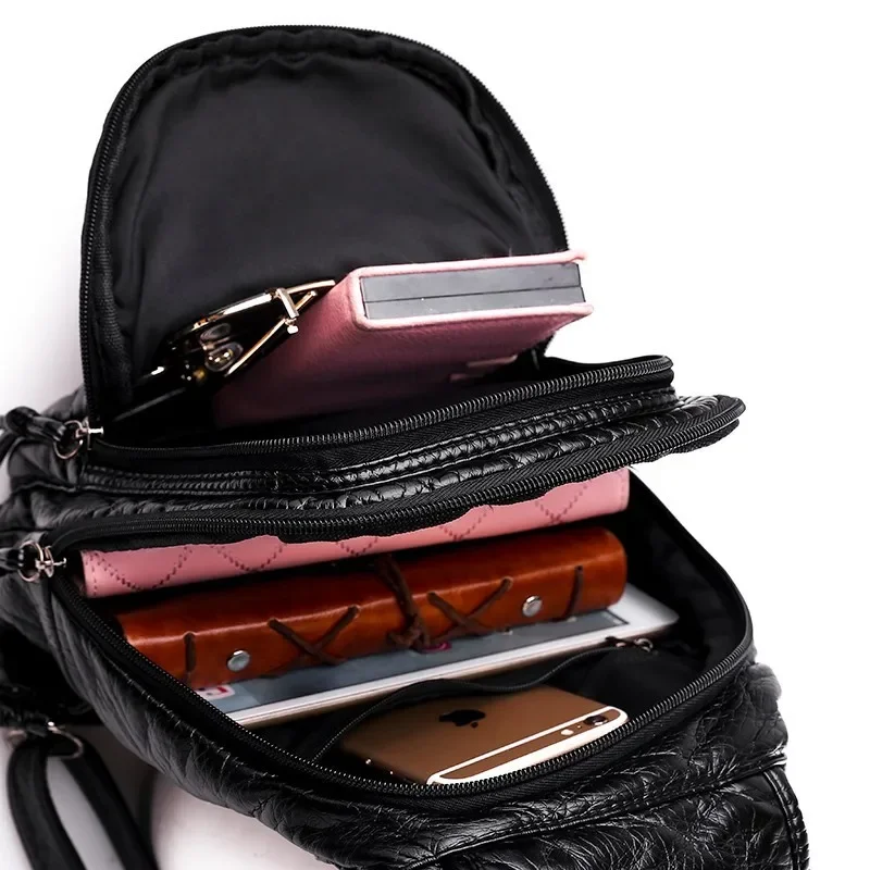 Mochilas de couro PU bordado MJ para mulheres, pequena bolsa de viagem, mochila de couro macio para senhoras, fêmea