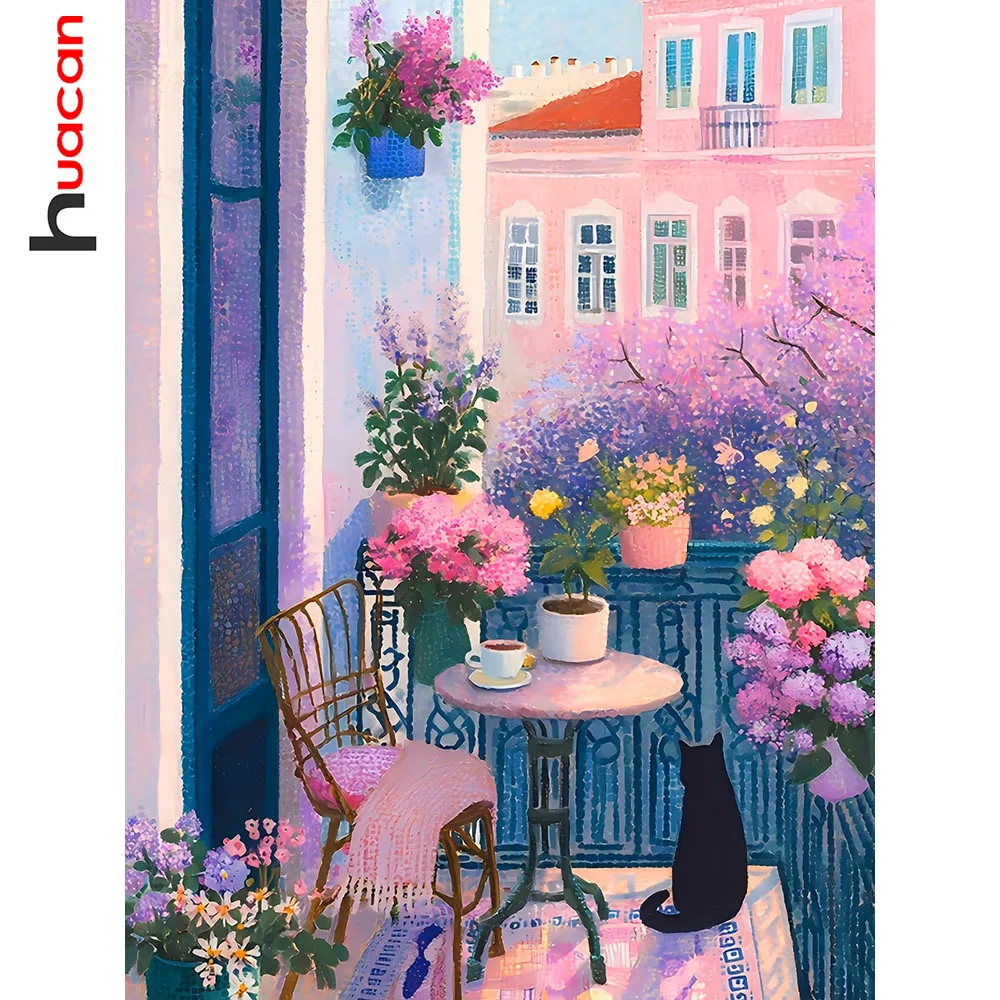 Huacan 5D DIY Diamantmalerei Balkon Blumen Katze Diamantstickerei Landschaft Neue Kollektion 2026 Dekorative Gemälde