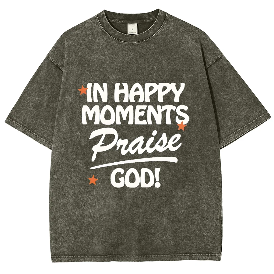 Happy Moments God Y2K Washed Short Sleeve T-Shirt, Creative Printed Unisex Vintage Streetwear New Fashion Plus-Size Casual Tops