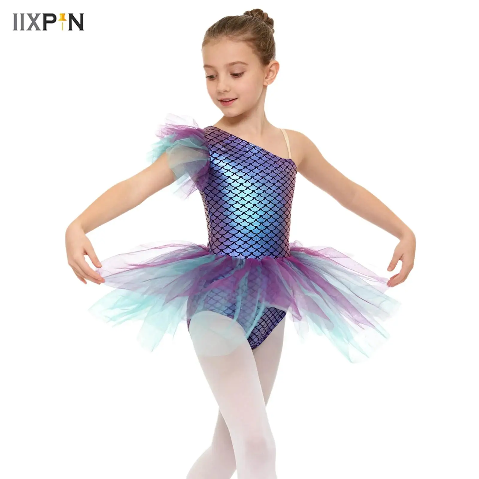 

Girls Halloween Ballerina Costume One Shoulder Sleeveless Mermaid Fish Scales Print Tutu Dress Ballet Dance Leotard Dancewear