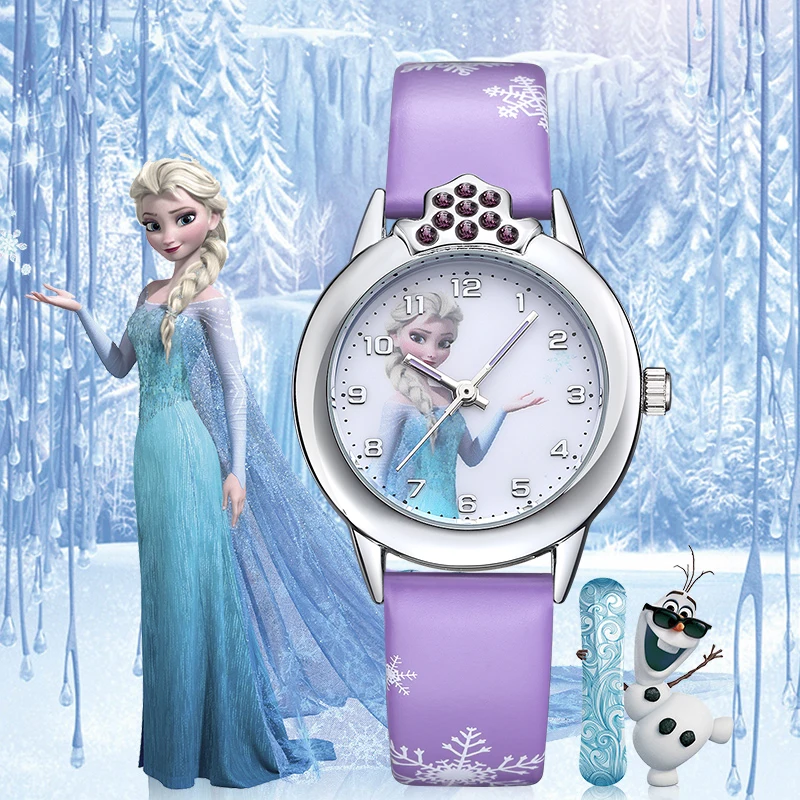 Disney Frozen 2  Princess Pattern Children toy Luminous watch Crystal Cartoon Leather Quartz Wristwatch for Girls Kids Toy Gift