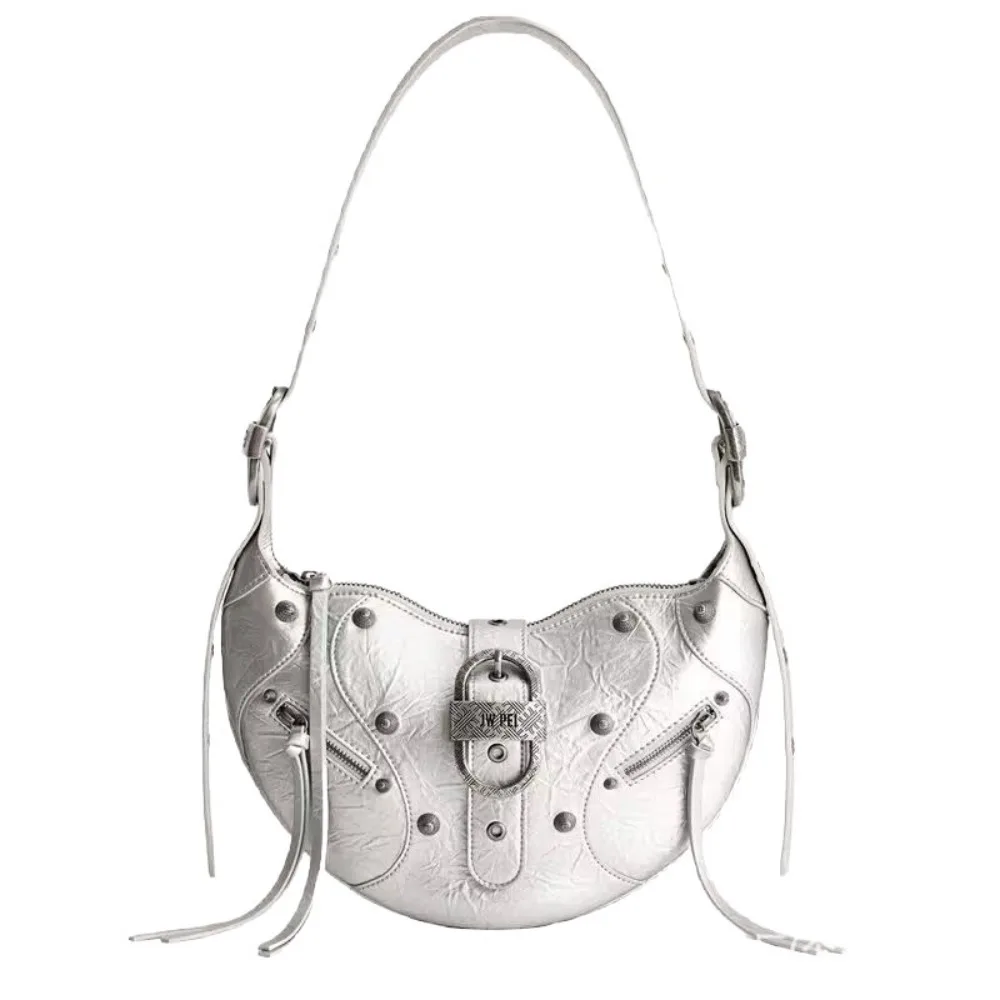 JW Pei Croissant Bag en cuir ciré, grande capacité, épaule/bandoulière moto, sensation luxueuse. Sac sous les bras